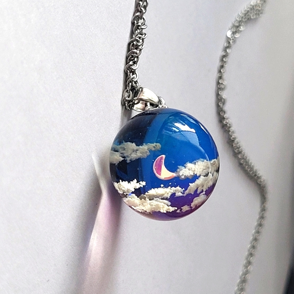 Pink, Blue and Purple Moon Resin Orb Pendant Necklace